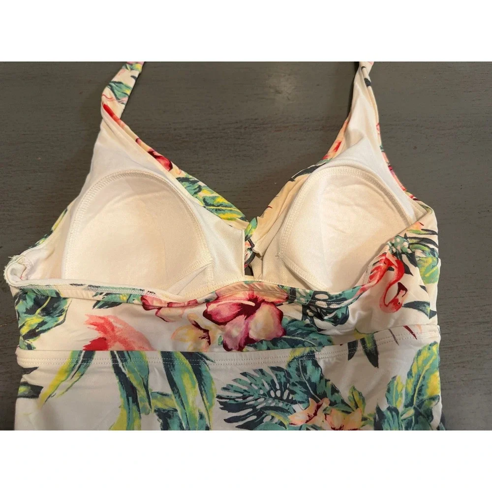 Merona Women Tropical Flamingo Floral One Piece Swimsuit Halter Ruched Cream S